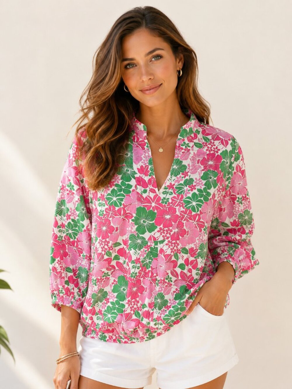 Kayce Hughes Pink & Green Floral Split-Neck Tunic